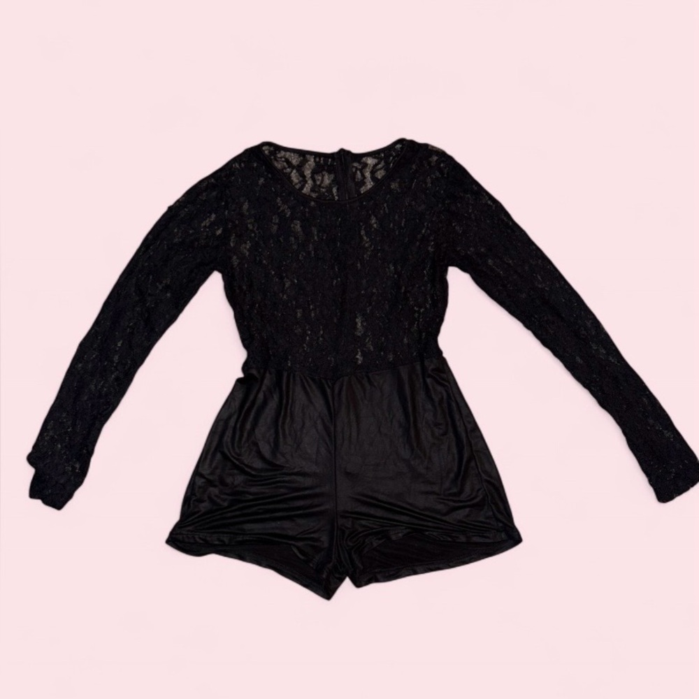 Black Lace Long Sleeve Romper Mesh Top w/ Faux Leather Shorts - Picture 2 of 4